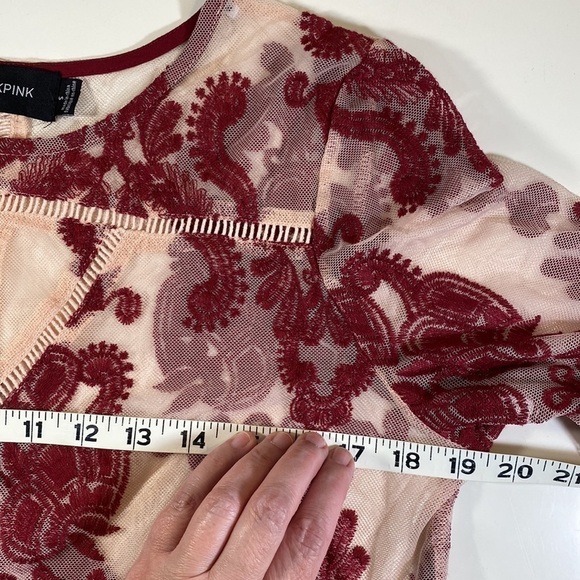 Minkpink Embroidered Sheer Mesh Top Pink Tulle Burgundy Trim Bell Sleeves Size S - Picture 12 of 14